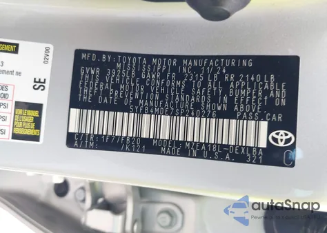 2025 Toyota Corolla Le из США, поврежденный, VIN 5YFB4MDE7SP240276